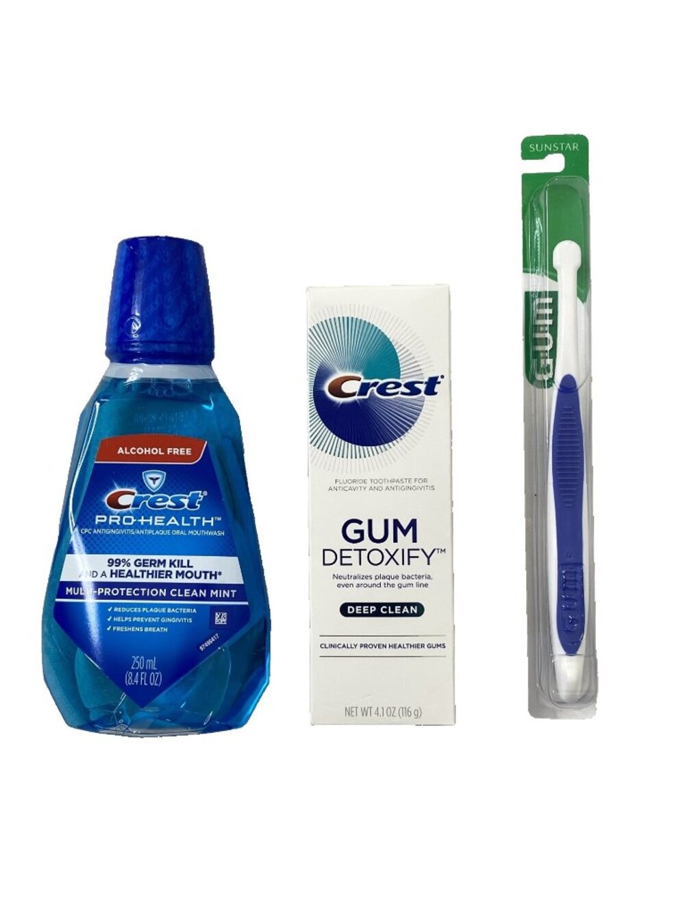 Set of 3 - Crest ProHealth Mouthwash Gum Detoxify ToothPaste, Sunstar Gum Brush